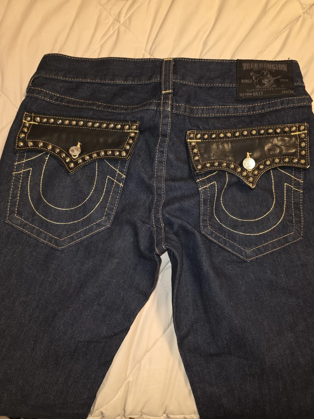 True Religion Billy Men's Dark Blue Denim Jeans W/ Studded Back Pocket Flaps